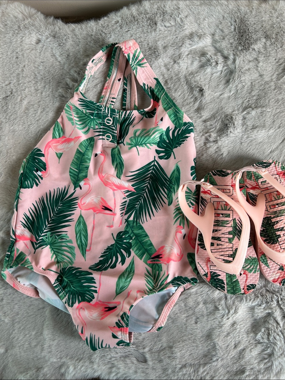Old Navy Pink Flamingo & Green Leaf Kids One-Piece Swimsuit wth matching Shoes